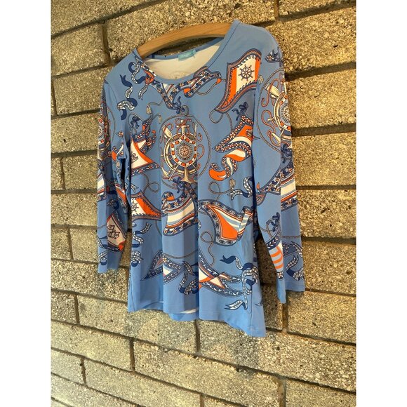 J.Mclaughlin Blue & Orange Nautical Print Top With 3/4 Sleeves Womens Size M - Picture 2 of 7